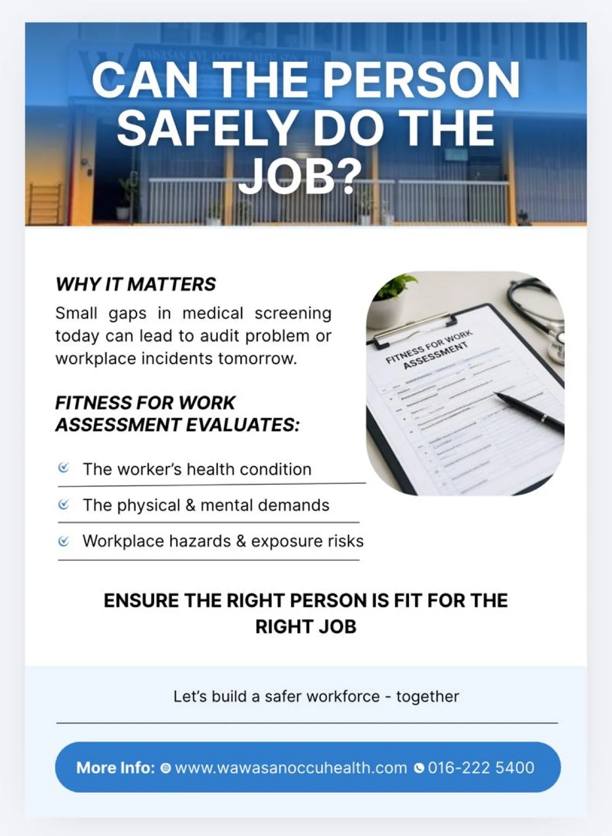Fitness for work assessment to determine employee suitability to return to work following illness, injury or surgery in Shah Alam