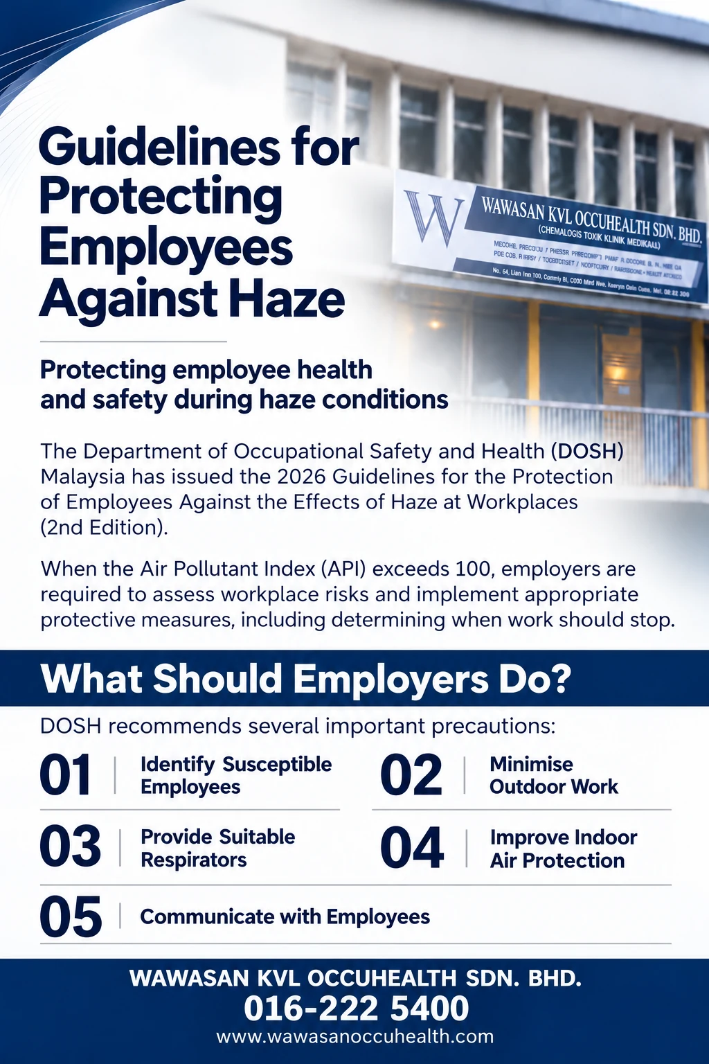 Wawasan KVL Occuhealth flyer summarising five precautions for protecting employees against haze at work.